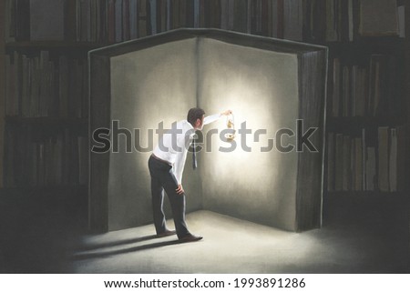 Illustration of man with lamp reading a big book in the night, surreal concept