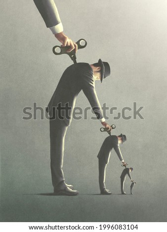 illustration of windup key men manipulation, abstract surreal concept