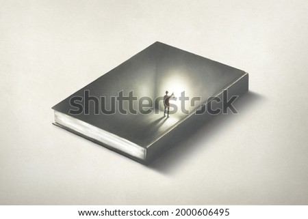 Illustration of man inside a book, surreal optical illusion educational concept