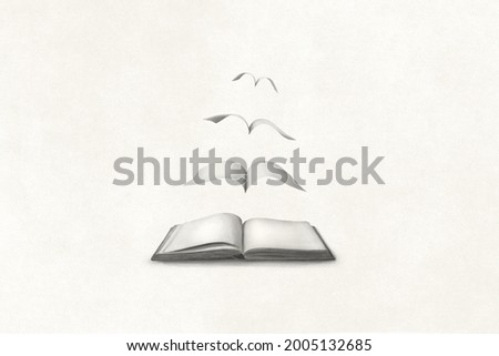 illustration of pages flying out of a book, surreal philosophy concept 