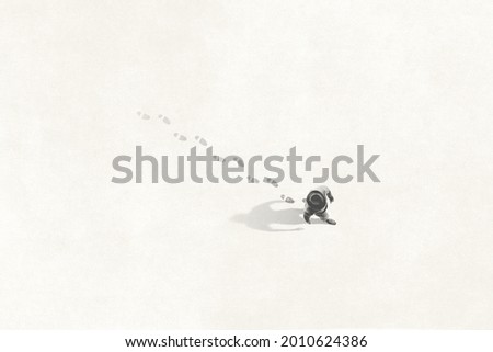 Illustration of man walking in the streets leaving footsteps on the ground, past concept
