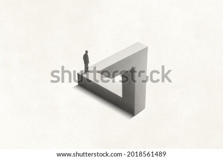 Illustration of man walking on Penrose triangle, optical illusion surreal concept