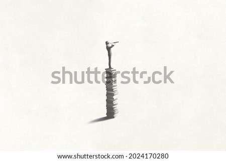3d illustration of wise man with binoculars on the top of a tower of books, surreal concept