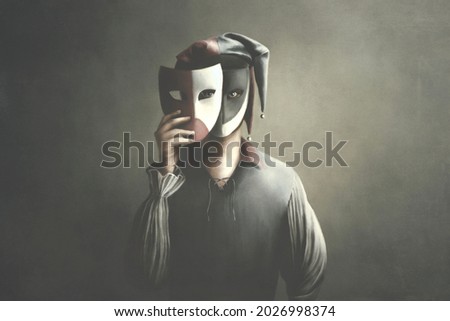 Illustration of jester clown hiding his face with theatrical masks, surreal concept