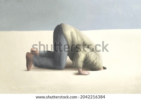 illustration of man burying head under the ground, surreal fear and shame concept