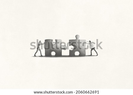 Illustration of teamwork assembling puzzle pieces, business problem solving abstract concept  