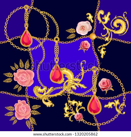 	
Silk scarf with rich baroque motifs.  Pendant with rubies, roses and golden chains on dark background. Women's fashon collection. Golden, blue, red.