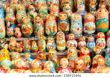 MOSCOW - MARCH 8, 2015: A free public art market on the pedestrian Arbat Street. Russians dolls. Traditional matryoshka dolls.
