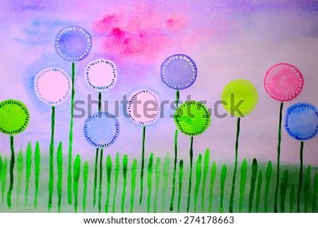 Dandelions at dusk. Abstract floral watercolor. The blooming meadow. Backgrounds & textures shop.