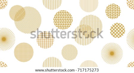 Golden circles. Wide panoramic seamless pattern with abstract geometric shapes. Different ornaments on white background. Composition for textile design, web design, cards.