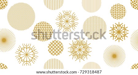 Simple Christmas seamless pattern with geometric motifs. Snowflakes and circles with different ornaments. Retro textile collection. On white background.
