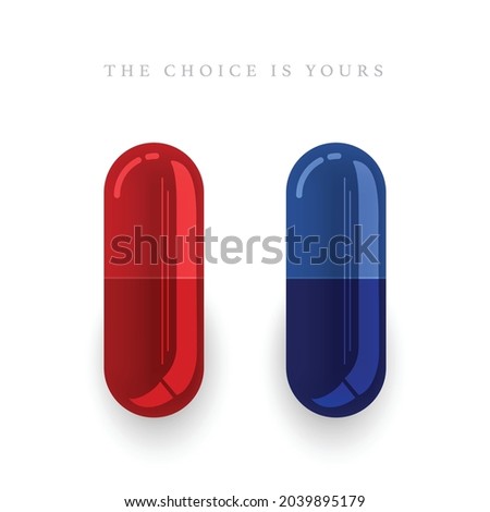Vector 3d Realistic Red and Blue Medical Pill Icon Set. The choice is yours. Design template of Pills, Capsules for graphics, Mockup. Medical and Healthcare Concept. Top View Stock fotó © 