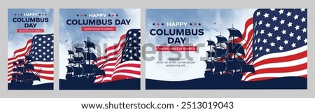 Happy Columbus day background with USA Flag and Sillhouette of Ship. Old marine navy vessel, America flag color combination, celebrate Christopher Columbus discover the America.