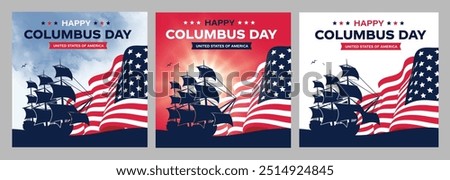 Happy Columbus Day Logo Set, banners, card with USA Flag. America flag colors, celebrate Christopher Columbus discover America Usa Ship Vector illustration. 