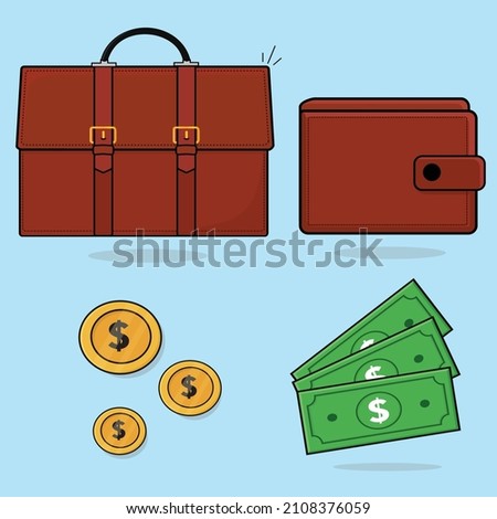 Business briefcase with walletdollar,and coins vector flat design illustration wallpaper background