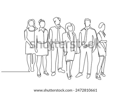 business finance employees people managers together pose office full body length group team one line art design vector