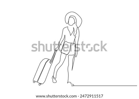 young woman travel bag suitcase summer vacation life one line art design vector