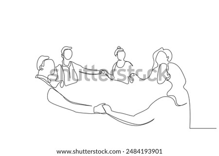 people family home dining table holding hands pray togetherness one line art design vector