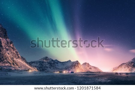 Green and purple aurora borealis over snowy mountains. Northern lights in Lofoten islands, Norway. Starry sky with polar lights. Night winter landscape with aurora, high rocks, beach. Travel. Scenery