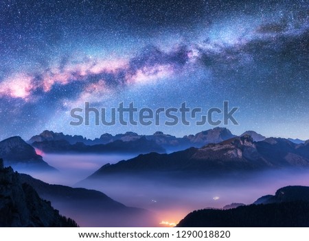 Similar – Image, Stock Photo Night Starry Sky Above Country Asphalt Road In Countryside And Green Field. Night View Of Natural Glowing Stars And Milky Way Galaxy