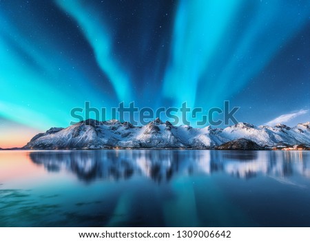 Northern lights and snow covered mountains in Lofoten islands, Norway. Aurora borealis. Starry sky with polar lights and snowy rocks reflected in water. Night winter landscape with aurora, sea. Nature