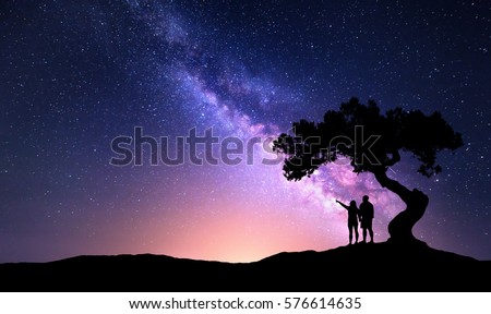 Similar – Image, Stock Photo Man standing under starry night