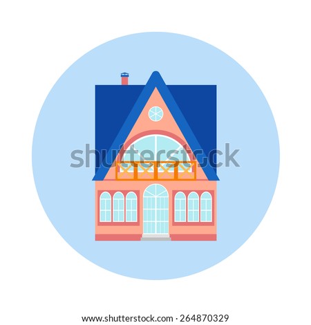 Vector house, home symbol. Flat design icon. Architecture estate illustration. Building with trees, door, windows. Blue, green, yellow, orange, pink, red colors.