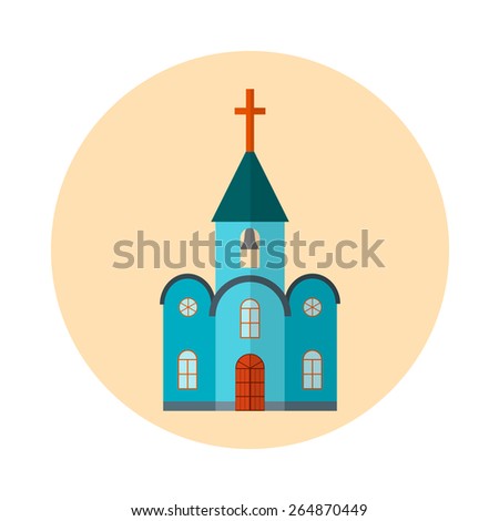 Flat church vector icon. Religion building christian illustration. Catholic faith architecture with cross. Isolated house with tower in blue color on yellow background.