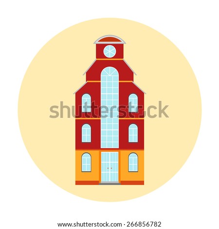 Building house vector icon. City urban architecture for business, home, office, appartment. Town residential estate. Red, orange, yellow colors. For flat design cityscape.