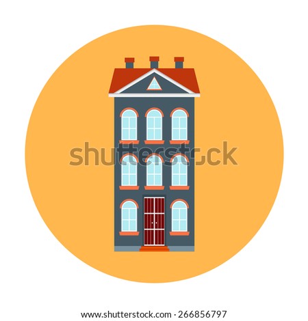 Building house vector icon. City urban architecture for business, home, office, apartment. Town residential estate. Red, orange, gray colors. For flat design cityscape.