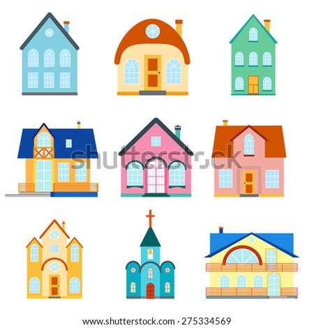 Vector house, home set. Flat design icon. Architecture estate illustration collection. Residential isolated buildings, apartment, cottage, villa with door, windows. Living family place.