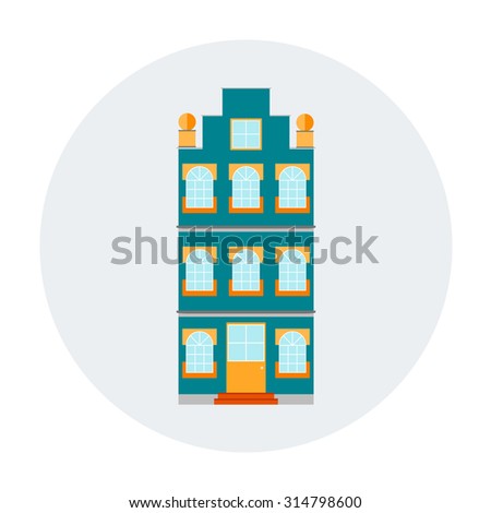 Building house icon. City urban architecture for business, home, office, appartment. Town residential estate. Red, orange, yellow, blue, green colors. For flat design cityscape.