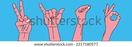 Set of hands with fingers depicting signs, all is well, ok, peace, metal. Vector stock illustration. isolated. Flat trendy style. Doodle. blue background