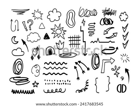 Sketch and draft of signs, symbols, elements. Doodle.Background. Isolated. Children's doodles and sketches. Abstract squiggles. Strikethroughs. Hand drawing. Trends. Horizontal and vertical lines