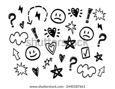 Underline, outline, drawn, smileys, stars, fireworks, hearts, dotted line, arrows, question mark, exclamation mark, lightning. Vector illustration. White background. Set of elements 