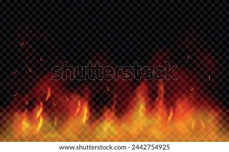 Background with fire and flames. Sparks are realistic. Vector illustration. Isolated. Light. Heat transparent background. Bonfire with wood chips. Glow and clouds. The Coal Effect.