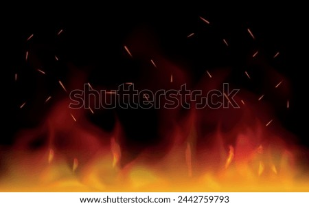 Background with fire and flames. Sparks are realistic. Vector illustration. Isolated. Light. Heat transparent background. Bonfire with wood chips.  The Coal Effect. Explosion and burning. Elements 