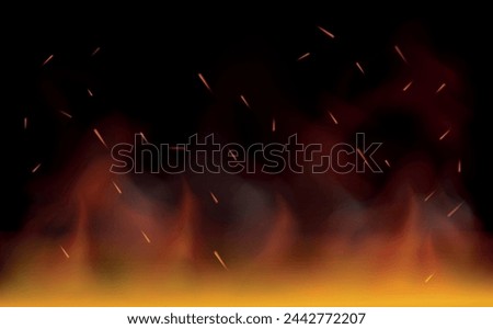 Background with fire and flames. Sparks are realistic. Vector Explosion and burning. Elements for design. Isolated. Light. Heat transparent background. Bonfire with wood chips. Glow and clouds. 
