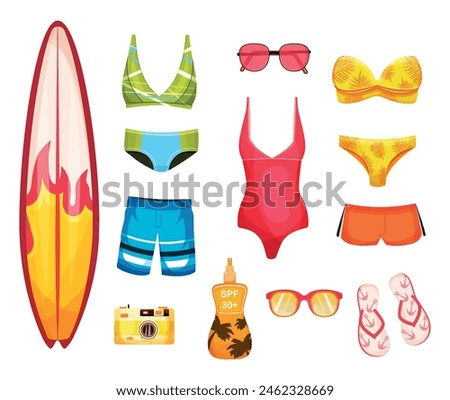 Set for swimming and surf and hiking. Swimsuit, surfboard, camera, beach flip-flops, sunglasses, sun protection. Vector illustration. Cartoon style. Summer, sea, beach. Holidays and travel. Vacation