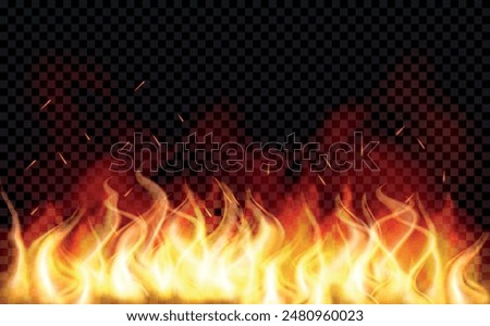 Background with fire and flames. Sparks are realistic. Vector. Isolated. Light. Heat transparent background. Bonfire with wood chips. Glow and clouds. The Coal Effect. Particle. Cinder and embers.