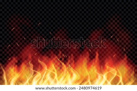 Fire background and flames effect. Sparks are realistic. Isolated. Light. Heat transparent background. Bonfire with wood chips. Glow and clouds. The Coal Effect. Particle. Cinder and embers. Campfire.