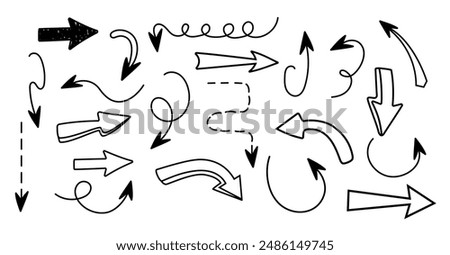 Set of arrows in different styles. Hand drawn and doodle. Vector illustration. Editable stroke. Pencil texture. Elements, shapes. Line and underline. Isolated. Background. Curves. Abstract scribble