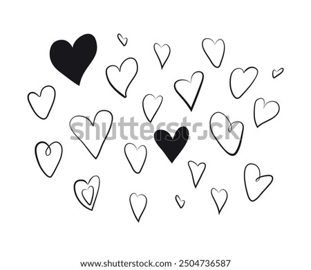 Set of hearts in doodle style. Vector . Isolated. Hand drawn. Elements and figures for decoration and design. Holiday, wedding, birthday. Icons. February 14. Collection.  Silhouette. Flat style.