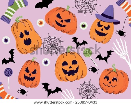 Set of sinister pumpkins. Grain effect. Halloween. Pattern. Hand drawn. Trendy doodle style. Vector. Horror. Autumn. October 31. Saints' Day. Flat. Twinkling holiday. Stickers. Icons. Jack o lantern