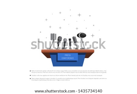 press conference breaking news vector illustration in flat style isolated on white background. Stand for press conference with microphones, equipped place for the speaker in front of journalists