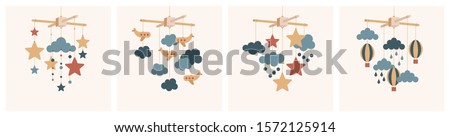 Vector baby mobile set. Mobile pendant toy accessory for baby bed in nursery room. Hanging baby toy with stars, airplanes, clouds and balloons. Vector baby shower stock illustration isolated.