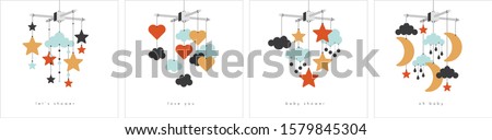 Baby mobile set. Vector stock illustration isolated on white for baby shower invitation, infant interior posters, baby card design. Hanging baby toy with stars, clouds, hearts, crescents.