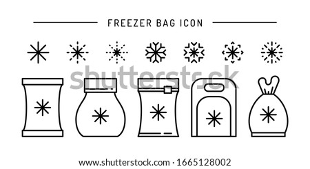 Set vector frozen food bag icon outline. Symbol linear illustration of packaging for frozen and vacuumed food. Containers and bags for food semi-finished products frozen.