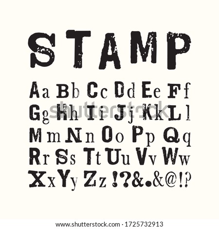 Vector latin stamp alphabet. Vector stamp abc with grunge texture. Vector grunge stamp letters isolated. Font in retro stamp style. Lettering and custom typography for posters, invitations, cards