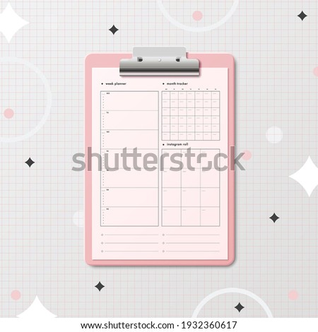 Clipboard with planner calendar template for week, month, social media posting plane, notes. Business, personal stationery template planner diary. Isolated vector illustration